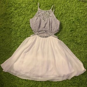 grey and white short prom formal with jewels